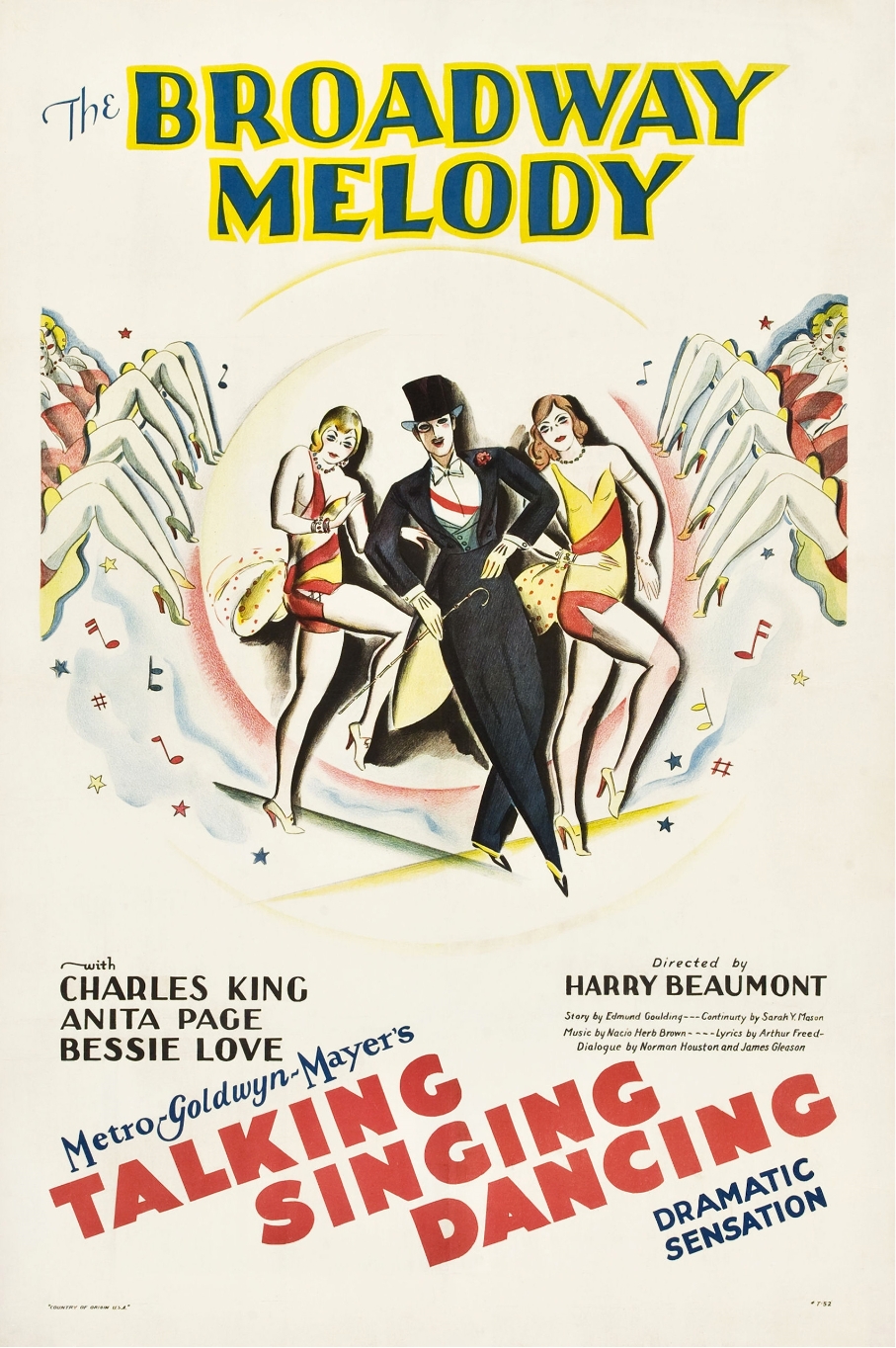 Cartaz retangular do filme “Broadway Melody” de 1929 é composto por desenhos e texto em tons pasteis: rosa, branco, azul, vermelho  e amarelo. No centro do cartaz há três pessoas: uma mulher na esquerda de vestido vermelho e amarelo, ao lado dela, um homem de terno preto e cartola preta, e ao lado dele uma mulher  de vestido vermelho e amarelo. Na parte inferior, as palavras “Talking, Singing, Dancing” na cor vermelha. [Fim da Descrição]