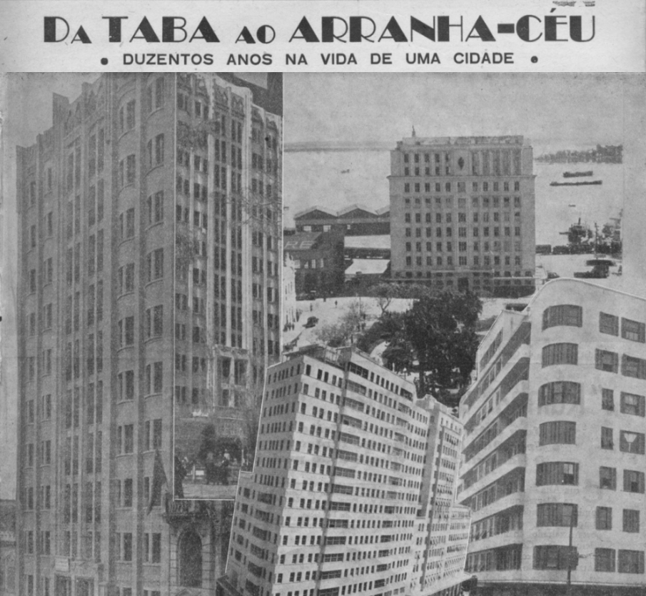 Fotografia em preto e brancos prédios com diferentes andares no centro de Porto Alegre entre os anos 1940 e 1950. Na esquerda está o maior prédio, ao lado dois prédios menores e no segundo plano ao fundo  outro prédio menor.  [Fim da descrição] 