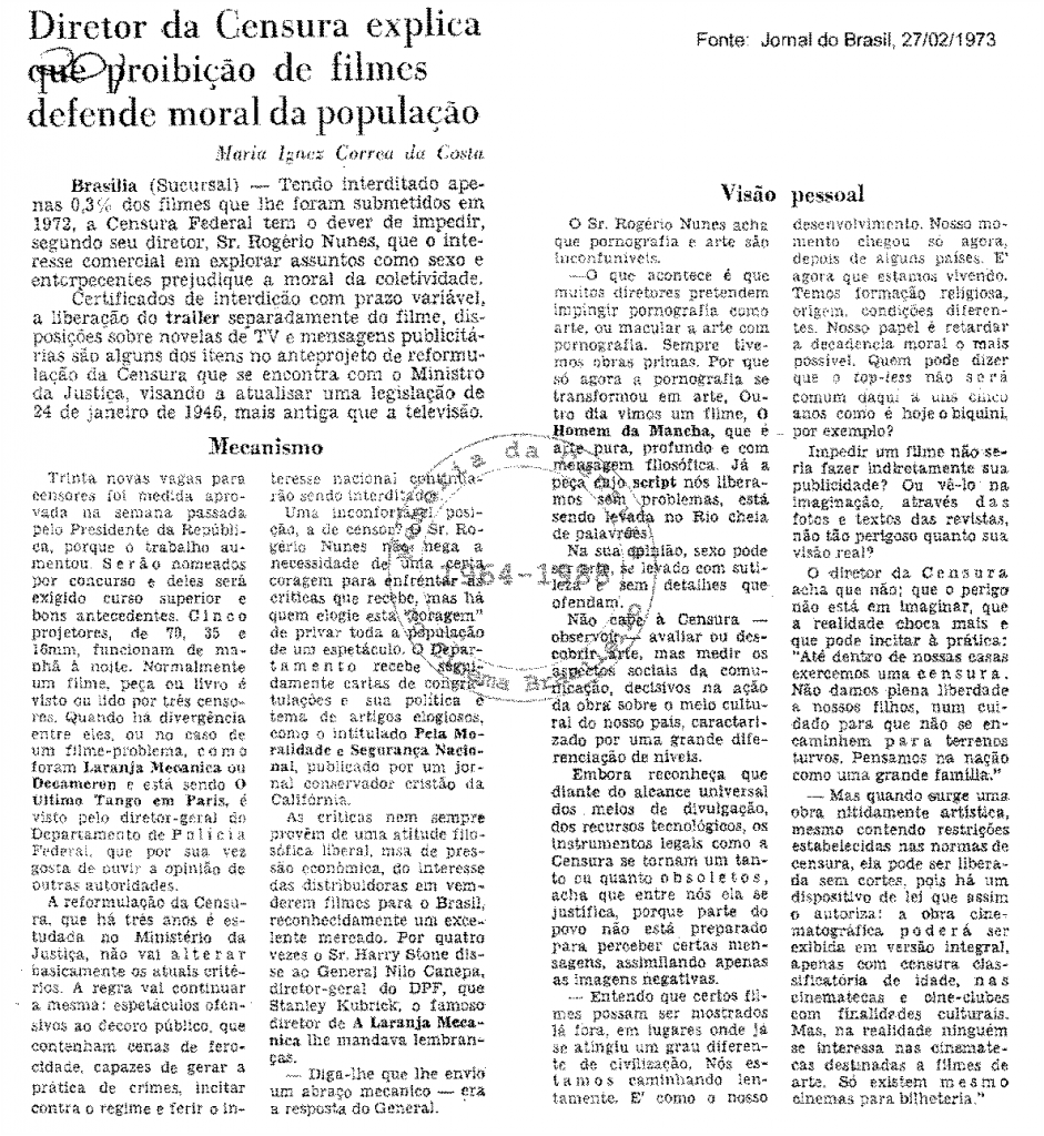 Imagem de documento em fundo branco e letras pretas em que se destaca o título “Diretor de censura explica que proibição de filmes defende moral da população.”. [Fim da descrição]