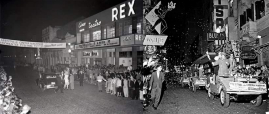 Montagem com duas fotografias em preto e branco, em formato paisagem. Na imagem à esquerda, multidão em aglomeração em frente ao “Cine Teatro Rex”, nas duas calçadas. Ao centro da rua, carro preto parado com pessoas em seu lado direito. Acima, presa ao prédio do cinema, faixa com os dizeres “artistas do cinema nacional participantes 1°festival promovido por Última Hora”. Na imagem à direita, em primeiro plano, carro conversível em desfile de rua levando três homens em pé, além de um ao volante; na frente do carro, faixa com os dizeres “1° festival do cinema nacional última hora”. Atrás deste carro, mais dois carros com pessoas em pé e faixas semelhantes. Nas laterais da imagem, pessoas assistindo ao desfile. [Fim da descrição]