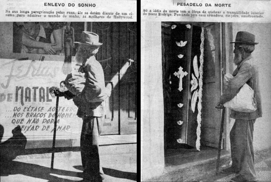 Duas fotografias  uma do lado a outra,  em preto e branco  no centro da cidade de Porto Alegre em 1945, Na fotografia da esquerda, o homem que aparenta meia idade, magro com chapéu na cabeça, barba comprida e branca, cabelo curto e branco, vestindo um casaco de manga comprida surrado e uma calça comprida surrada, carregando embaixo do braço  um saco, na mão direita uma bengala está em frente a uma vitrine olhando um cartaz com a frase feliz natal. Na fotografia da direita o mesmo homem com as mesmas descrições  está em frente a uma loja olhando um caixão de funerária. [Fim da descrição]